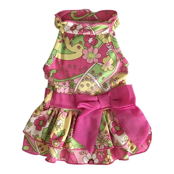 LuLu Pink Paisley Bow Ruffle Dog Dress Pink Yellow Green Size S - Picture 1 of 12